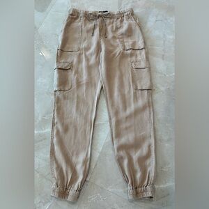 Nicole Miller Linen Cargo Jogger Pants Khaki Size Med Elastic Waist Drawstring